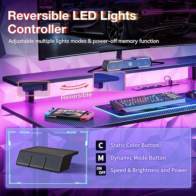 MOTPK 39 Inch Small Gaming Desk with LED Lights, Computer Desk Gaming Table with Monitor Shelf, Gamer Desk with Carbon Fiber Texture, Kids Boys Desk Gift for Men
