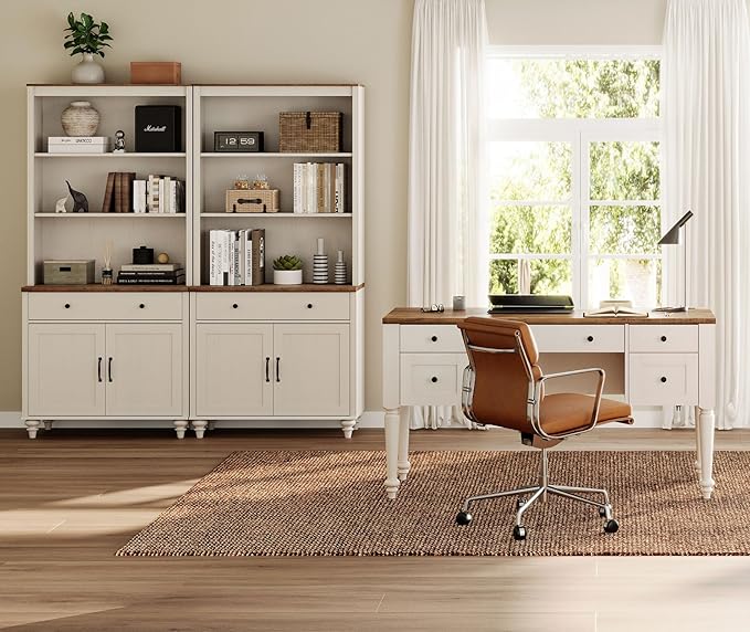 WAMPAT Home Office Furniture Set, 56" Executive Desk with Charging Station, 72" Tall Bookcase with 4 Doors and 2 Drawers, Wood Computer Desk with File Cabinet Storage, Open Shelf, White