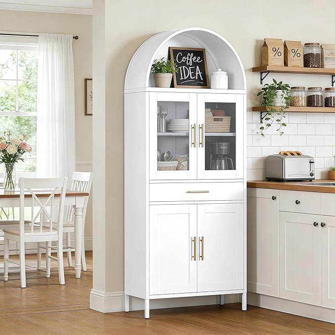 VEXPOR 73" Tall Arched Kitchen Pantry Cabinet with Doors, Metal Arched Hutch Cabinet with Drawer for Kitchen, Dining Room, Living Room, Assembly Required, White