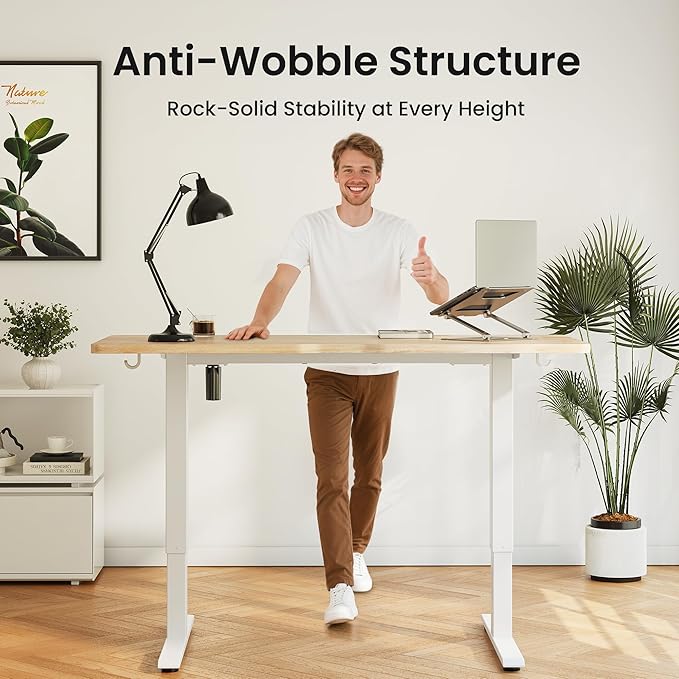 Cubiker Standing Desk, 63x28 Inches Sit Stand Home Office Desk, Electric Stand up Desk, Adjustable Desk with Splice Board, White Frame/Maple Top