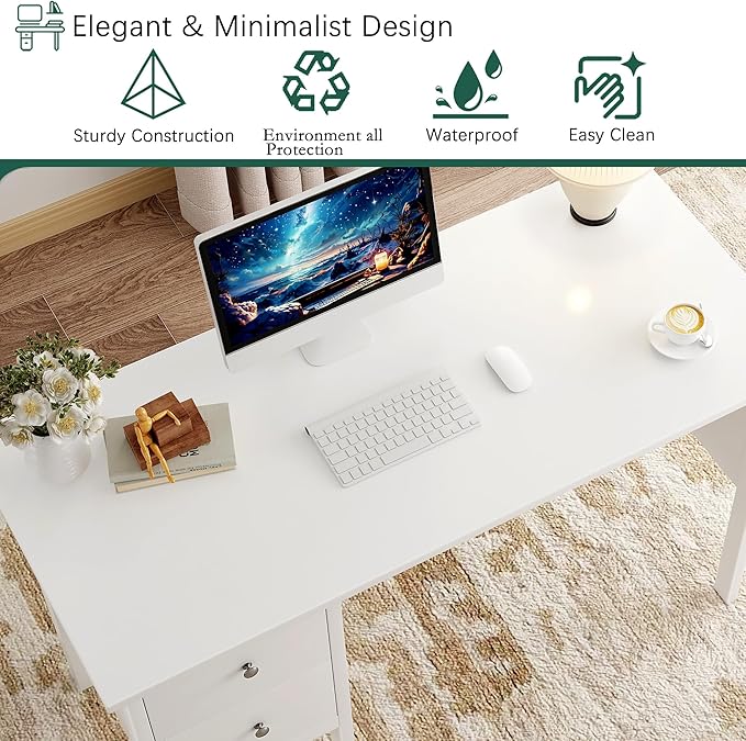BHG Computer Desk with Drawers,Modern White Home Office Desk with Storage Filing Cabinet, Vanity Desk Makeup Dressing Table for Bedroom,Small Writing Table PC Desks for Study(White, 43.3")
