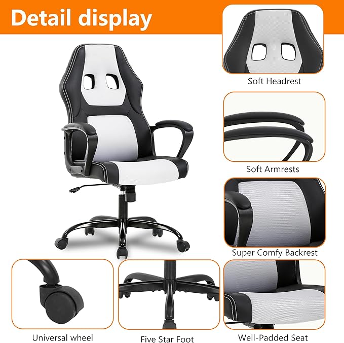 PayLessHere Gaming Chair Ergonomic Office Chair Computer Chair with Lumbar Support Ergonomic Pu Leather Adjustable Height Executive Chair for Women Men and Adults,White