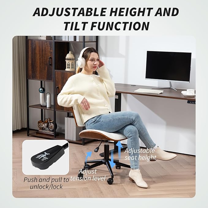 HOMCOM Home Office Chair No Arms with Wheels, PU Leather Mid Back Small Desk Chair with Adjustable Height, 360 Degree Swivel for Office, Reading, Meeting Room, White