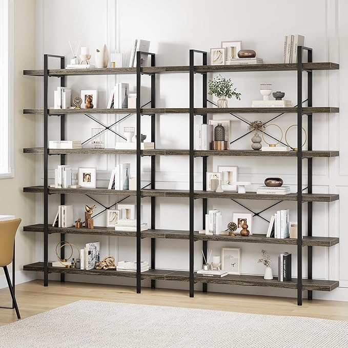 OtterOasis Bookshelf Set, Heavy Duty 6-Tier Industrial Bookcase, 47" Wide Wood Bookshelf for Home Office, 120lbs Shelf Capacity, Rustic Open Display with Horizontal Shelf for Living Room Bedroom, Grey