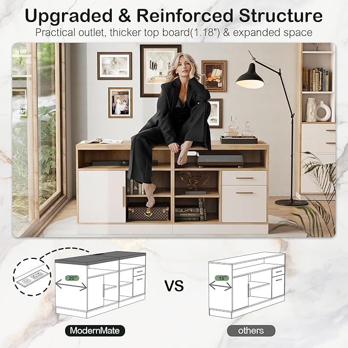 ModernMate Home Office Furniture Set, 86" U Shaped Executive Standing Desk with File Cabinets, Electric Height Adjustable Office Furniture Desk Sets with Drawer, AC/USB, Light Walnut