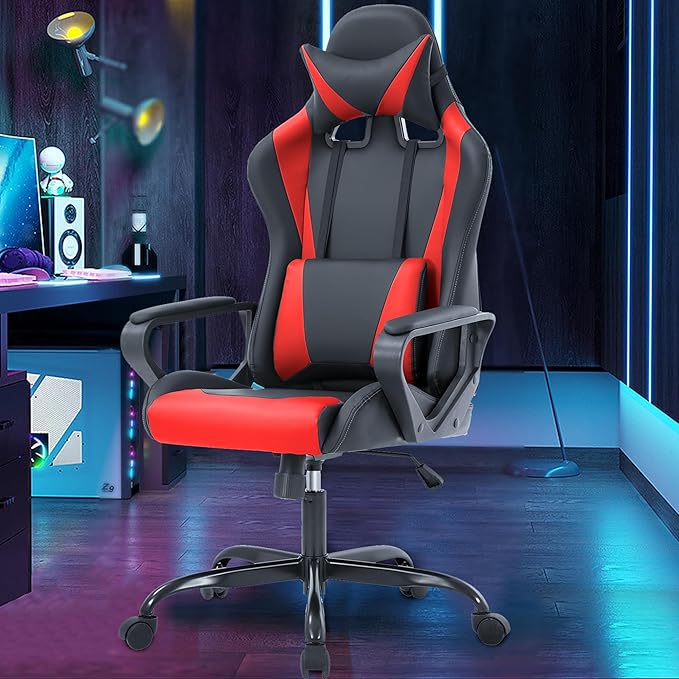 PayLessHere Ergonomic Racing Desk Chair Gaming Chair Computer Chair with Armrests 360° Swivel & Caster Pu Desk Task Chair Executive Headrest Lumbar Support for Back Pain Women Men and Adults (Red)