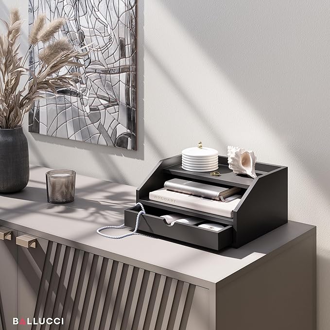 Ballucci Desk Organizer with Drawer, 2 Tier Paper Office Supplies Desk Organizer, 13 2/5" x 9 3/5" x 6", Black