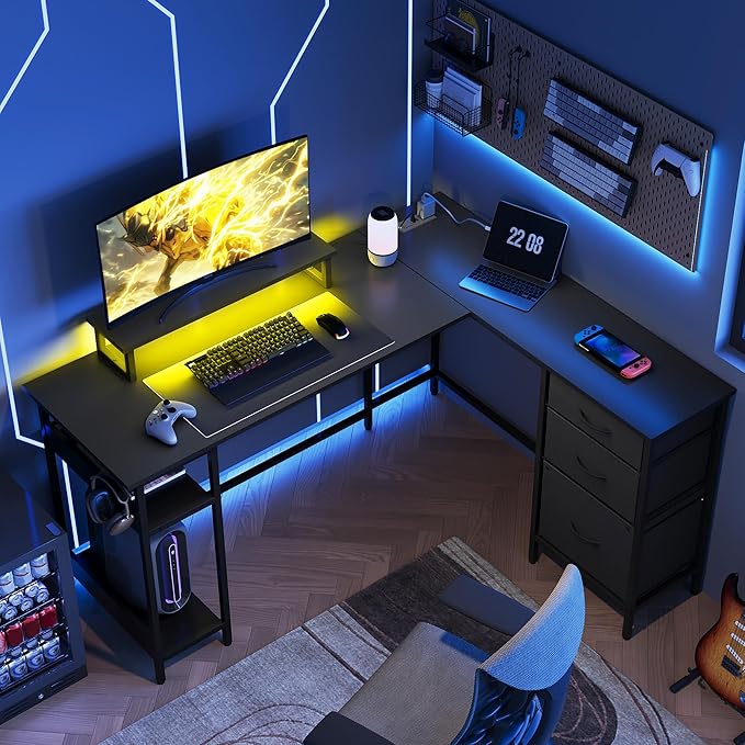 DEVAISE L Shaped Gaming Desk with Drawers and Storage, L Shaped Desk with LED Lights, Power Outlets, PC Desk with Monitor Stand, Corner Desk for Home Office (Black, 55 Inch)