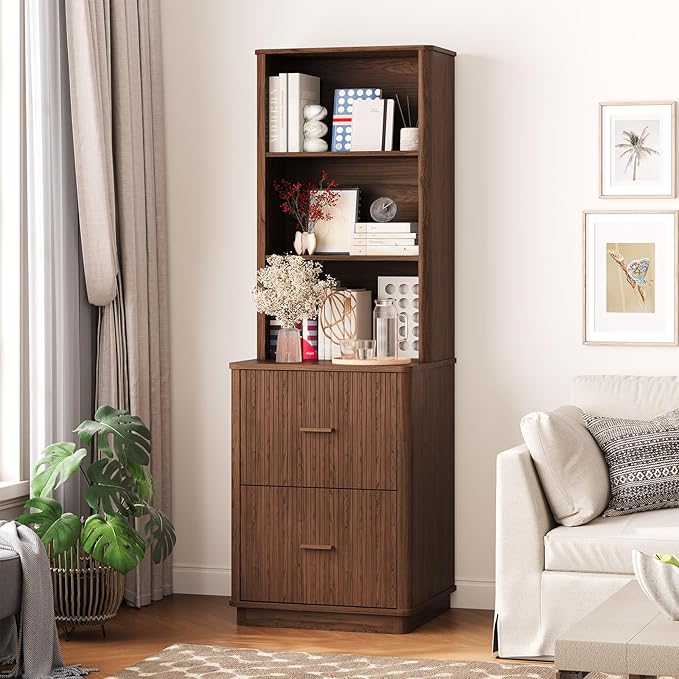 ONBRILL 71" Tall Fluted Bookcase with 2 File Drawers, Curved Design Display Bookshelf with Storage, Mid-Century Modern 3 Tier Bookcase with Sturdy Pedestal for Home Office, Living Room, Walnut
