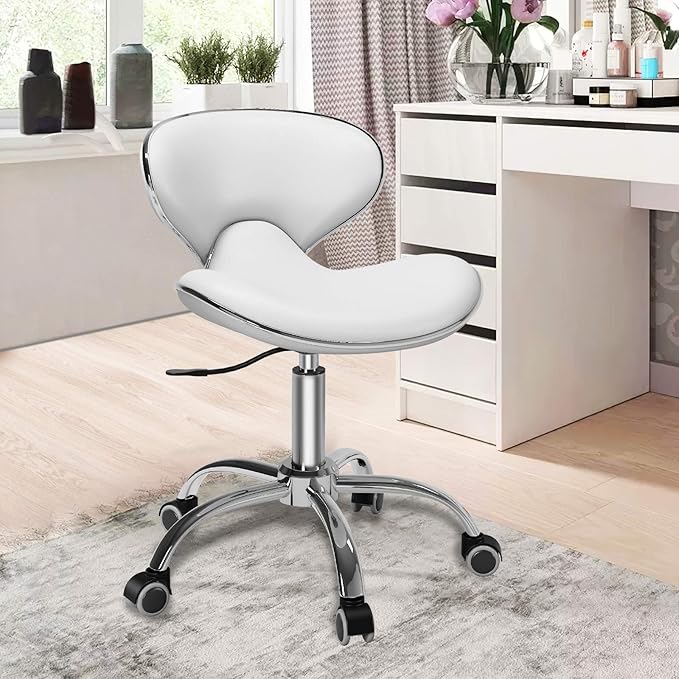 Adjustable Rolling Stool with Backrest,Drafting Spa Bar Medical Salon Tattoo Stool Chair with Wheels 360 Swivel,Heavy Duty,400lbs Weight Capacity,White