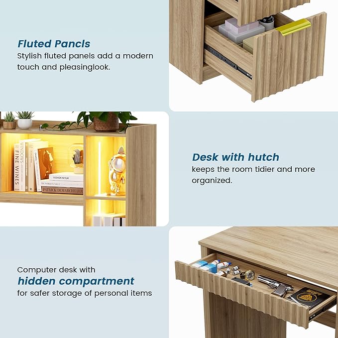 WOOVIVS Home Office Desk with Hutch & LED Lights - 39" Computer Desk with Charging Station, 3 Large Drawers, Hidden Compartment & Fluted Panel Design,Natural Writing Desk for Bedroom, Study