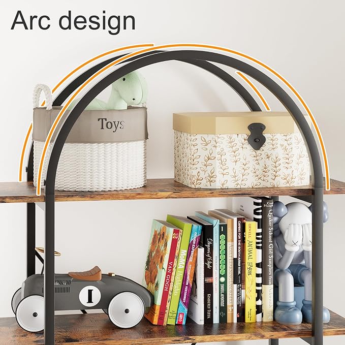 Arbuxzuy Arched Bookshelf 5 Tier Book Shelf, 31.5 Inch Width Industrial Arch Bookcase, Curved Tall Bookshelf with Open Shelves for Home Office, Living Room, Bedroom, Rustic Brown
