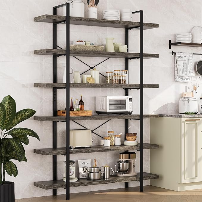 OtterOasis Bookshelf Set, Heavy Duty 6-Tier Industrial Bookcase, 47" Wide Wood Bookshelf for Home Office, 120lbs Shelf Capacity, Rustic Open Display with Horizontal Shelf for Living Room Bedroom, Grey