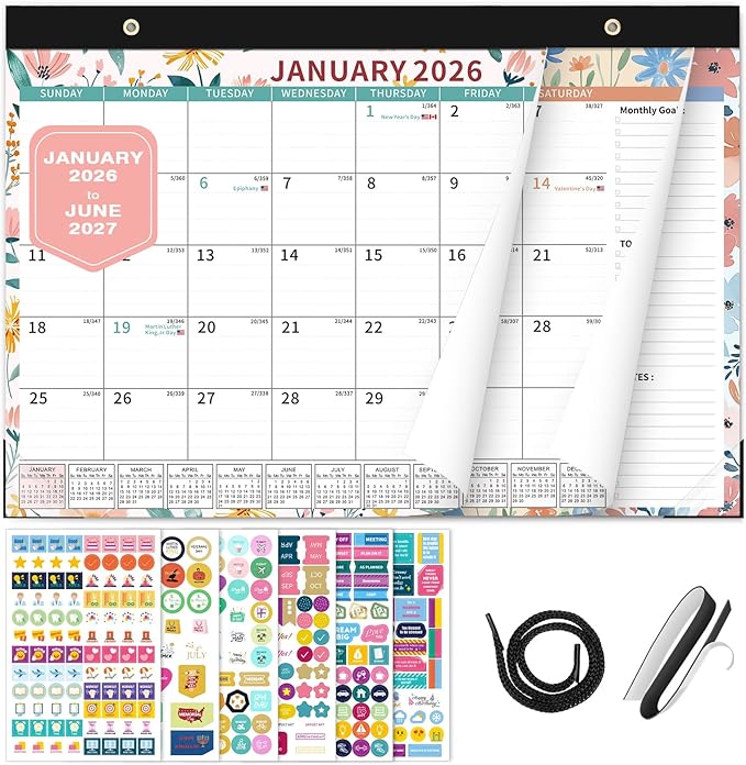 Ospelelf 2026-2027 Calendar Magnetic Desk Wall Desktop Monthly Planner from January 2026 - June 2027 Large To Do Pad with Plastic Cover for Office 17" X 12" Ditsy Floral