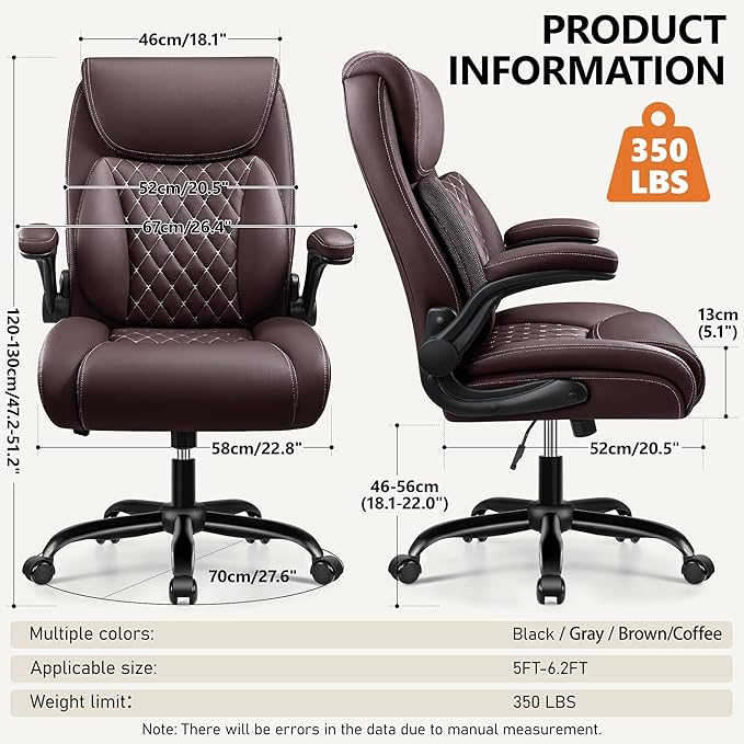 BESTFAIR Office Chair, Ergonomic Computer Desk Chairs with Lumbar Support for Lower Back Pain Relief, Executive Leather Home Chair Comfy with Padded Flip-up Armrests, Coffee, 4-Pack