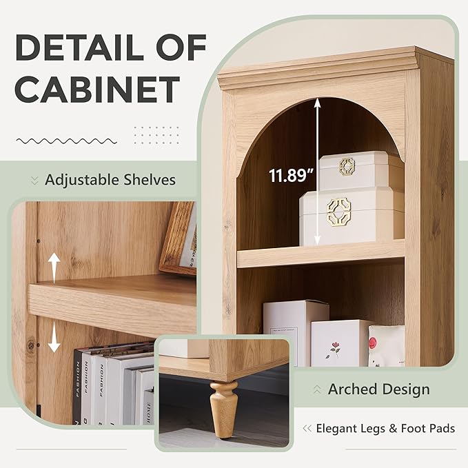 IFGET 76" Tall Arched Bookcase, Farmhouse 5 Tiers Narrow Arched Bookshelf Cabinet with Adjustable Shelves, Modern Wooden Book Shelf w/Storage and Open Display Shelves for Living Room, Office-Natural