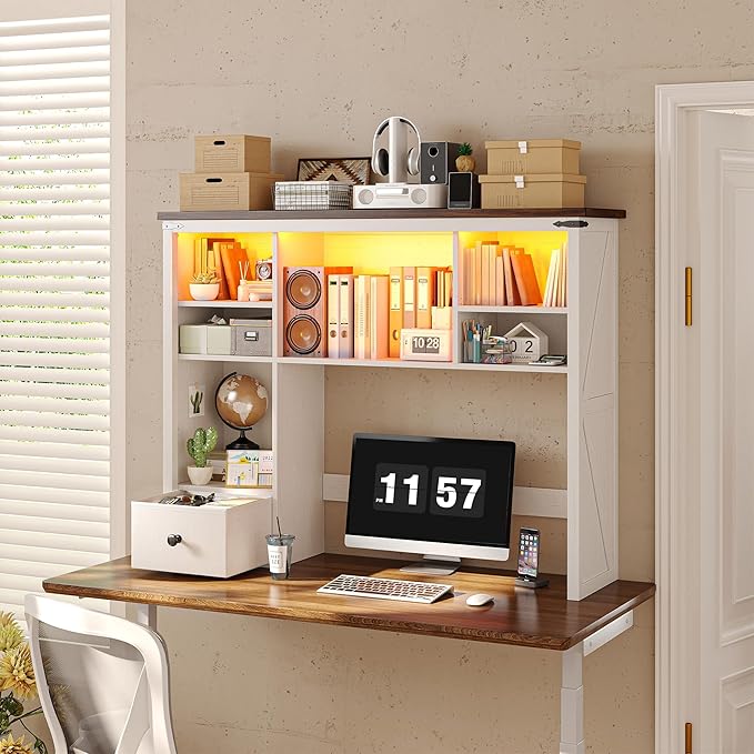 EnHomee 38" Wooden Desk Shelf for Top of Desk with LED Lights, Adjustable Desk Hutch Dorm with Drawer & 8 Shelves, Desktop Bookshelf for Dorm, Home, Office,White