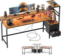 Mericonia Gaming Desk with Power Outlets & LED Lights, Reversible Computer Desk with PC Case Stand, Fabric Drawers, Modern Office Desk with Shelves, Monitor Stand