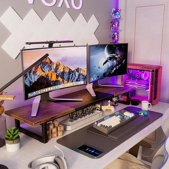 Simple Trending Desk Organizers and Accessories, Dual Monitor Stand Riser, Desk Shelf Wood Computer Rack for 2 Monitors