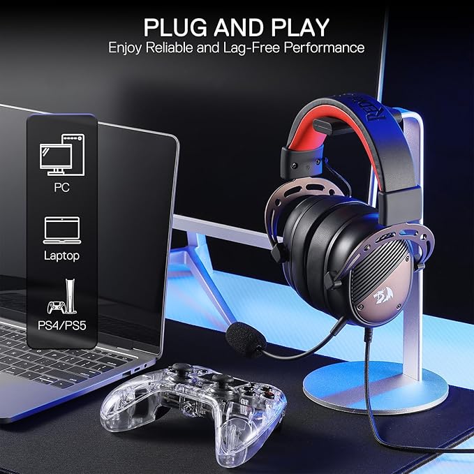 Redragon H730 USB Wired Gaming Headset - 53mm Drivers, 360° Spatial Sound, Detachable Noise-Canceling Microphone, Magnetic Replaceable Ear Cushions, Over-Ear Headphones Works for PC/PS4/PS5, Black