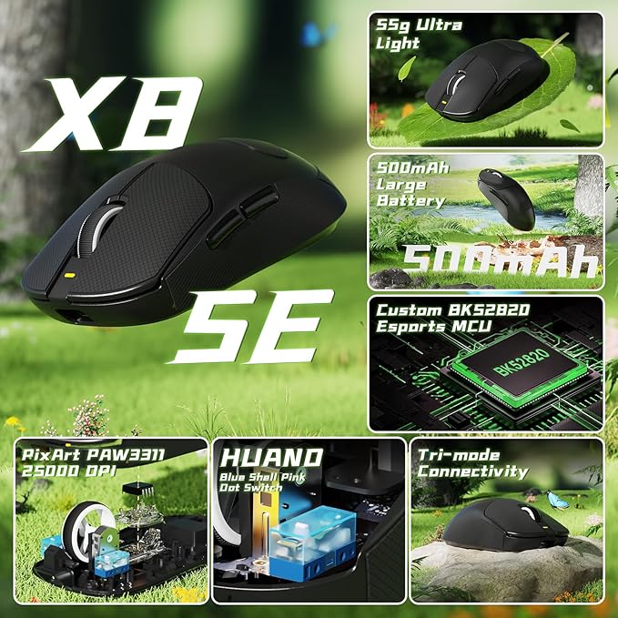 MAMBASNAKE Attack Shark X8 SE 55g Superlight Wireless Gaming Mouse,BK52820 Tri-Mode BT/2.4G Wireless/Wired Mouse with Grip Tape,25000DPI,500mAh,Large Size,5 Programmable Buttons for Pc/Mac(Black PRO)