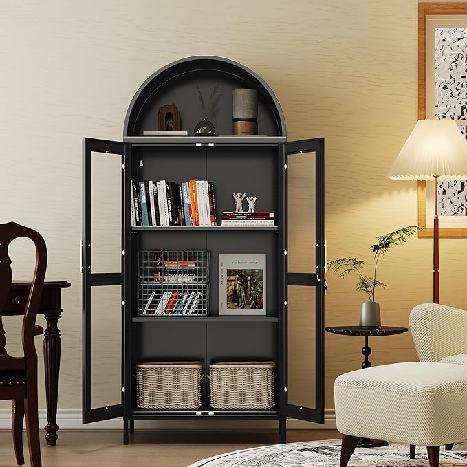 VEXPOR 73" Tall Arched Display Cabinet with Glass Doors, Metal Arched Curio Cabinet with Lock for Living Room, Home Office, Assembly Required