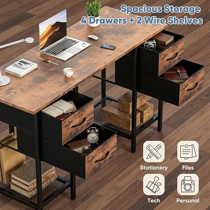DUMOS Computer Desk with 4 Drawers Home Office Table with Mesh Shelf for Work Study Writing Gaming Storage Furniture for Bedroom,55 inch Rustic Brown