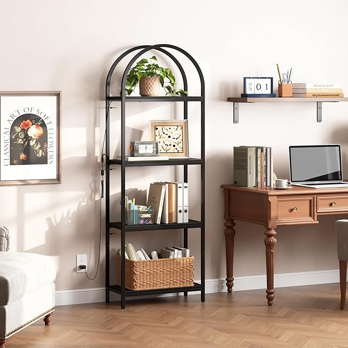 Yusong LED Bookshelf 4 Tier Arched Bookcase, 71.3" Tall Industrial Open Book Shelves for Living Room, Modern Freestanding Display Storage Rack with Metal Frame, Office, Bedroom, Black