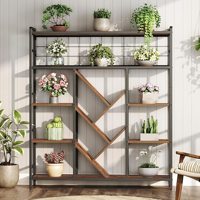 RALGEND Triple 5-Tier Bookshelf, Industrial Large Bookcase with 14 Open Display Shelves, Modern Tree Bookcase with Metal Frame and Hanging Function for Living Room, Home Office, Rustic Brown and Black
