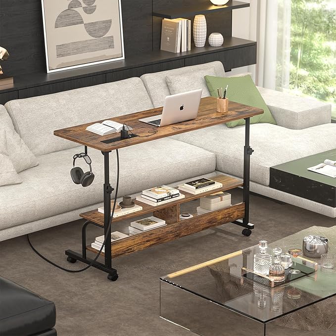 Armocity Rolling Standing Desk with Power Outlets, 47" Manual Height Adjustable Mobile Computer Desk with Wheels, Portable Sit Stand Laptop Couch Table for Bed & Sofa Home Office, Rustic Brown