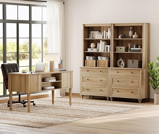 WAMPAT Home Office Furniture Set, 56'' Executive Desk with Charging Station, 72" Tall Bookcase with 6 Drawers, Wood Computer Desk with File Cabinet Storage, Open Shelf, Oak