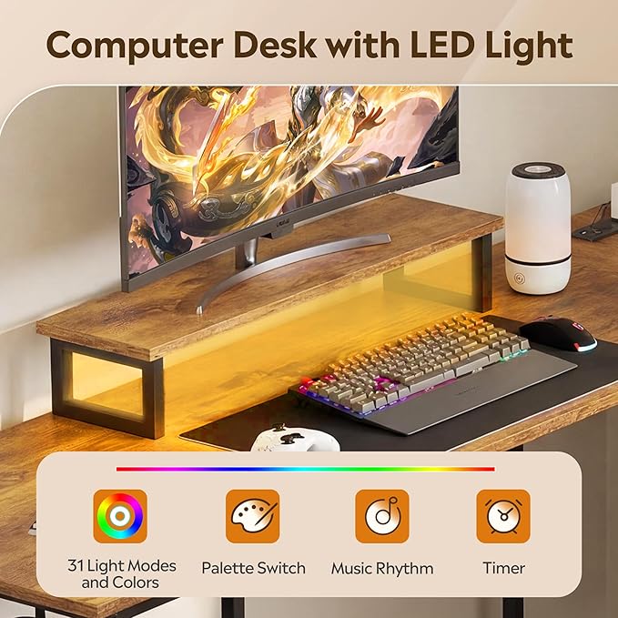 DEVAISE 66 Inches L Shaped Desk with Drawers, L Shaped Office Desk with Power Outlets, Monitor Stand, Computer Table, Gaming Desk with LED Light, Large Corner Desk for Home Office (White)