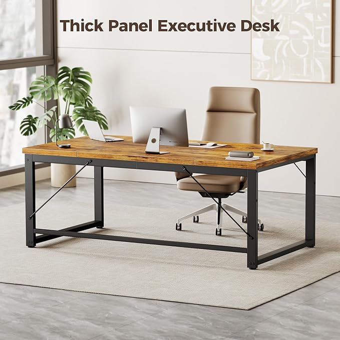 Mericonia 63 Inch Large Computer Desk, 1" Thick Heavy Duty Industrial Office Desk, Modern Simple Study Writing Table for Home Office Bedroom Workstation, Brown