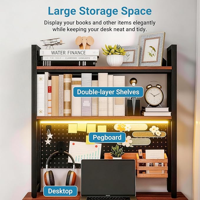 2 Tier Desktop Hutch Bookshelf with LED Light Strip, 39.4" Metal Dorm Desk Hutch with Pegboard Hooks Set, Display Desk Shelf Bookcase Storage Organizer Rack for Dorm Home Office