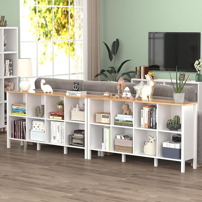 8-Cube Bookcase, Farmhouse Wooden Bookshelf Low Storage Organizer, 59" Horizontal White Console with Legs, Hallway Book Case for Entryway, Display Cabinet for Living Room (White, 8-Cube)