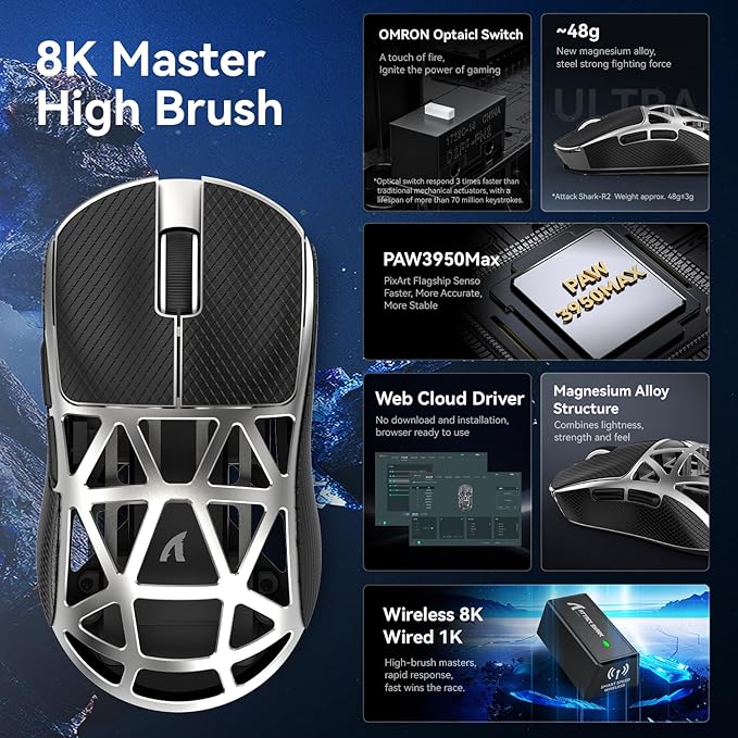 ZIYOU LANG x Attack Shark R2 Superlight Wireless Gaming Mouse,Magnesium Alloy, PixArt PAW 3950 Sensor,Adjustable 42K DPI,8K Hz Polling Rate,5 Programmable Button,Long Battery Life,PC/Mac/Xbox/PS-Grey