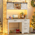 Farmhouse 67" H Executive Desk with Hutch,Office Table with LED light and 4 Drawers,Computer Desk with Charging Station,File Drawers and Storage Cabinet,Workstation for Home Office.Unique White