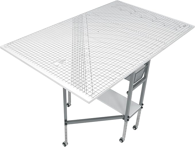 Sew Ready Foldable Hobby and Cutting Grid Table - 58.75" W x 36.5" D White Arts and Crafts Table with Grid Top and Silver Storage Drawers