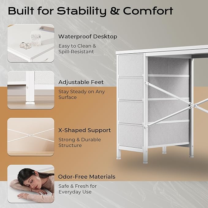 Huuger 55 Inch L Shaped Desk with Fabric Drawers, Reversible Computer Gaming Desk with Power Outlets and USB-C Port, Adjustable Side Storage Shelves, for Work Corner Home Office, White
