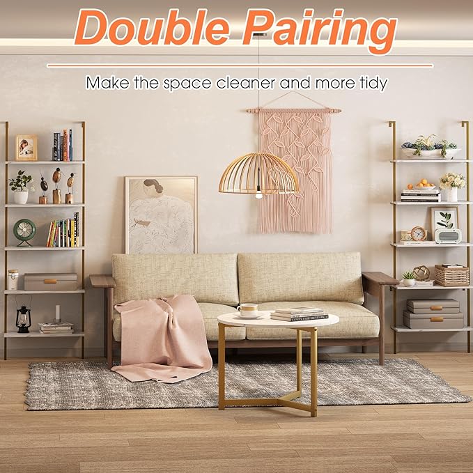 Wolawu 5 Tiers Ladder 2-Piece Shelf White Marble Modern Bookshelf Open Tall Wall Mount Bookcase Standing Leaning Wall Shelves Industrial Decorative