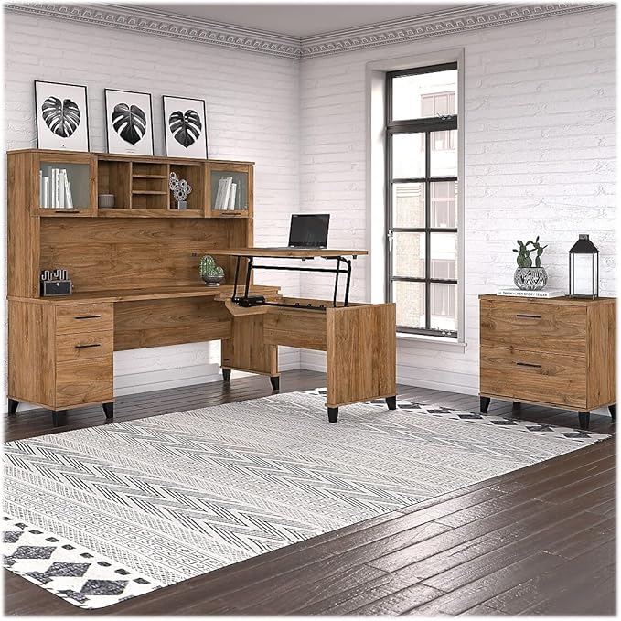 Bush Home Somerset 72W 3 Position Sit to Stand L Shaped Desk with Hutch and File Cabinet in Fresh Walnut