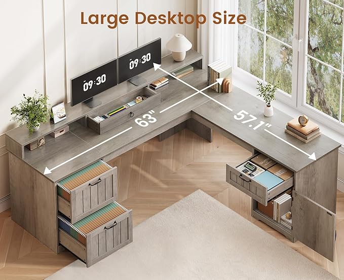 SEDETA 63" L Shaped Desk with Drawers, Farmhouse Corner Computer Desk, Wood Office Desk with File Drawers with Storage, Executive Desk with Monitor Stand and Storage Cabinet, Grey