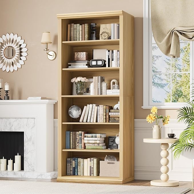 Rresyet Bookcase and Bookshelves, 28" W Tall Bookshelf with Elegant Design, 6 Tiers Spacious Book Storage, Freestanding Book Organizer, Display Library Shelf for Home Office, Living Room & Study Room