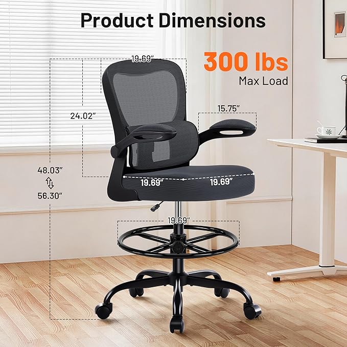 AreShark Drafting Office Chair - Ergonomic Tall Office Chair with Adjustable Footrest Ring - Counter Height Adjustable Rolling Standing Desk Chair with Lumbar Support and Flip-up Armrests for Home