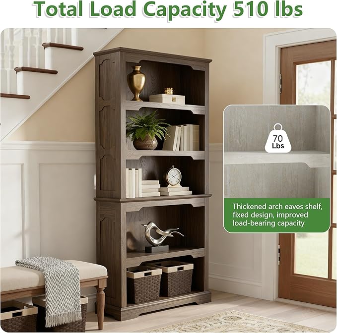 70 Inches Farmhouse Bookcase Bookshelf, Two-Tone Shelves, 5 Tier Bookshelf with Arched Trim, Home Office Living Room Storage Cabinet Unit, 31.5x11.8 Inches (Walnut, Open Shelf)