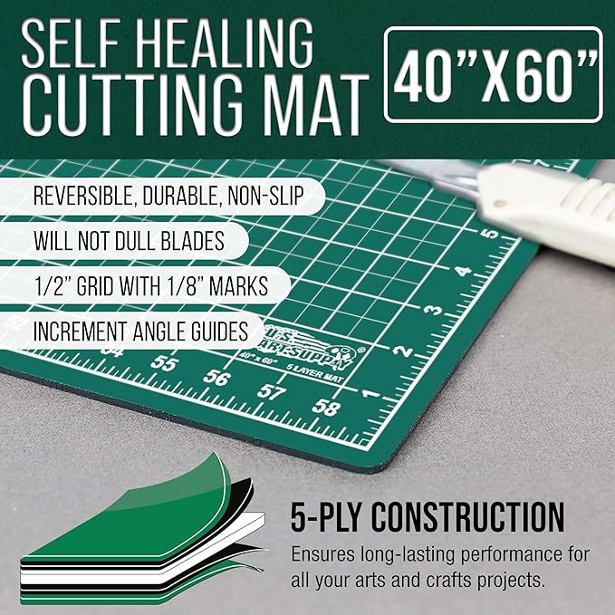 U.S. Art Supply 40" x 60" Self-Healing Cutting Mat 5-Ply - Double-Sided Green/Black Craft Mat, Non-Slip Cutting Mats for Crafts, Sewing, Quilting, Scrapbooking