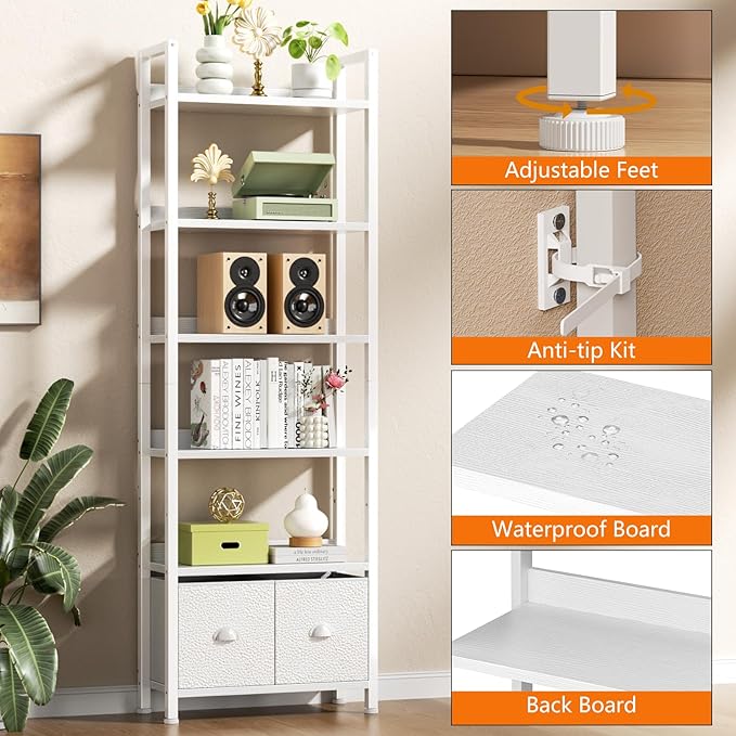 Furologee 6-Tier Bookshelf Set of 2,Tall Bookcase with 2 Drawers and Shelves, Industrial Display Free Standing Shelf Units, Storage Rack Organizer for Bedroom, Living Room, Home Office, White