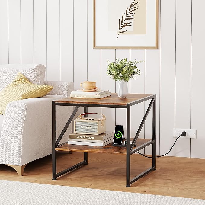 2-Tier Large Priner Stand with Charging Station, 20" Under Desk Printer Table with Power Outlets and USB Ports for Home Office, Heavy Duty Storage Rack for Scanner Fax Machine Heat Press, Rustic Brown