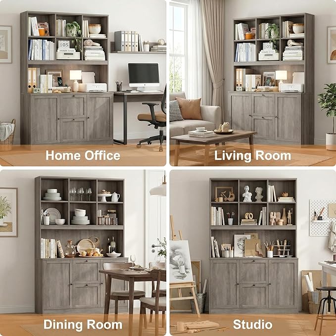 HIFIT 72'' Tall File Bookcase with Power Outlet & Printer Stand, 2 Drawer File Cabinets for Home Office Hanging Letter/A4 File, Storage Cabinet with 3 Tier Book Shelf & Doors For Living Room, Ash Grey