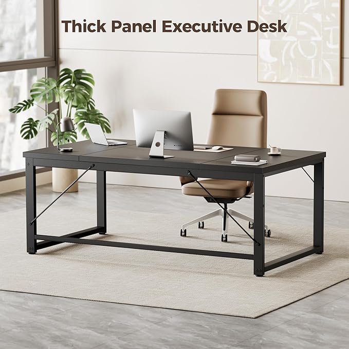 Mericonia 63 Inch Large Computer Desk, 1" Thick Heavy Duty Industrial Office Desk, Modern Simple Study Writing Table for Home Office Bedroom Workstation, Black